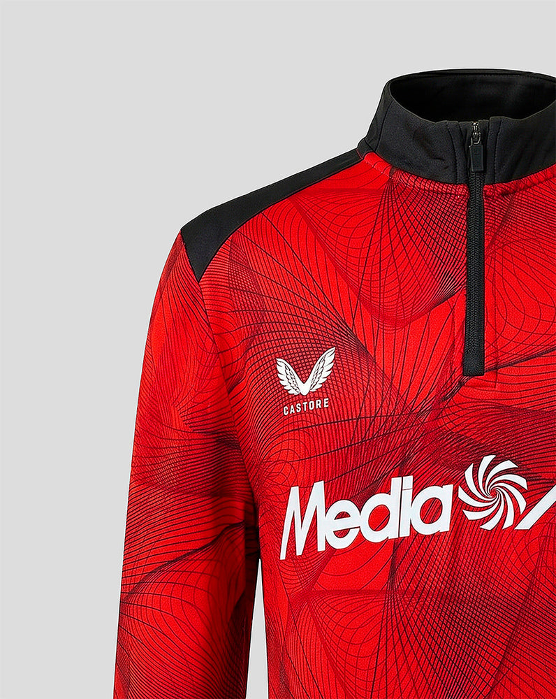Left chest close up of red Feyenoord midlayer with Castore logo and geometric pattern