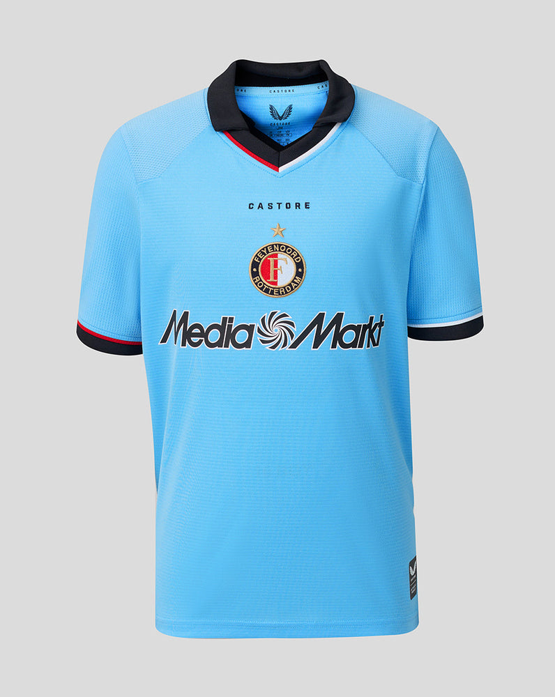 Junior Feyenoord 2026-2027 away shirt in light blue with black collar and Media Markt sponsor