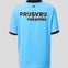 Back view of a light blue Feyenoord junior away shirt showing bold text across the back