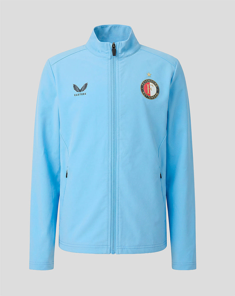 Front view of light blue Feyenoord junior matchday jacket with crest on chest and zip closure.