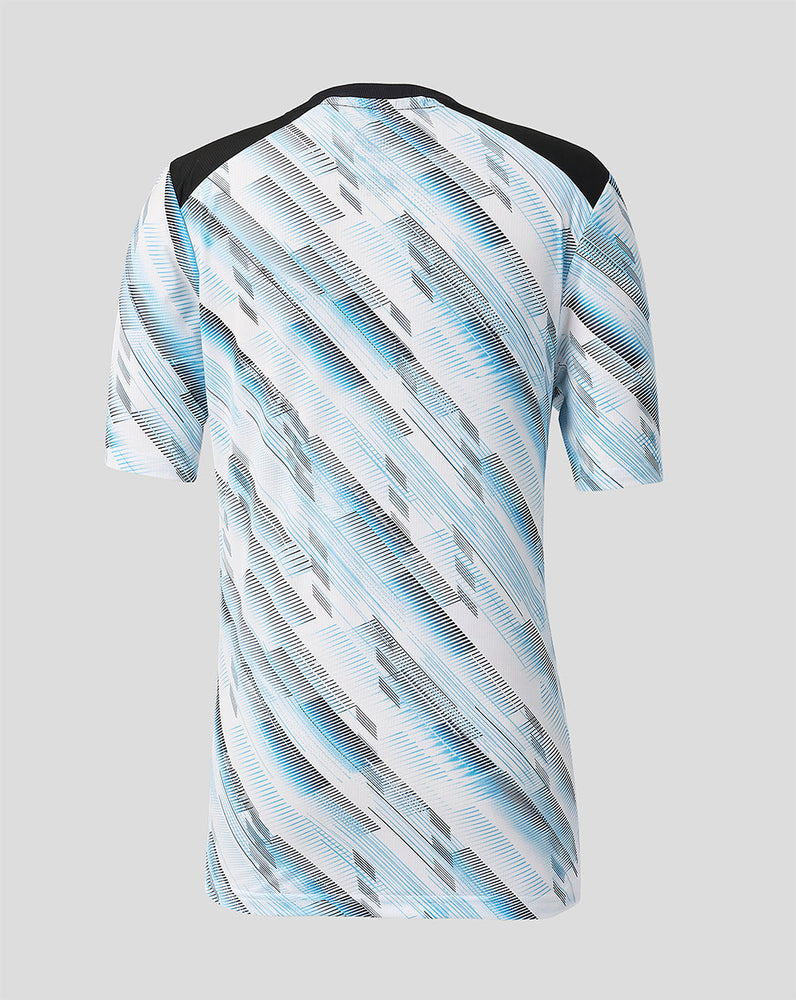 Back view of a junior Feyenoord away shirt with a pale blue white diagonal pattern and black shoulder panels