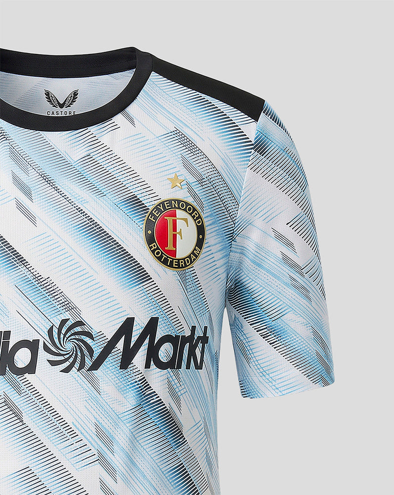 Front close up of the junior Feyenoord away shirt showing crest on the left chest, diagonal blue print, and Media Markt sponsor across the front