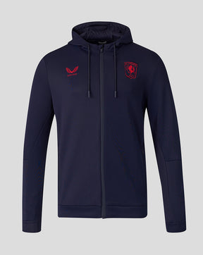 Front view of navy FC Twente Travel Flex hoodie with crest on chest and Castore emblem