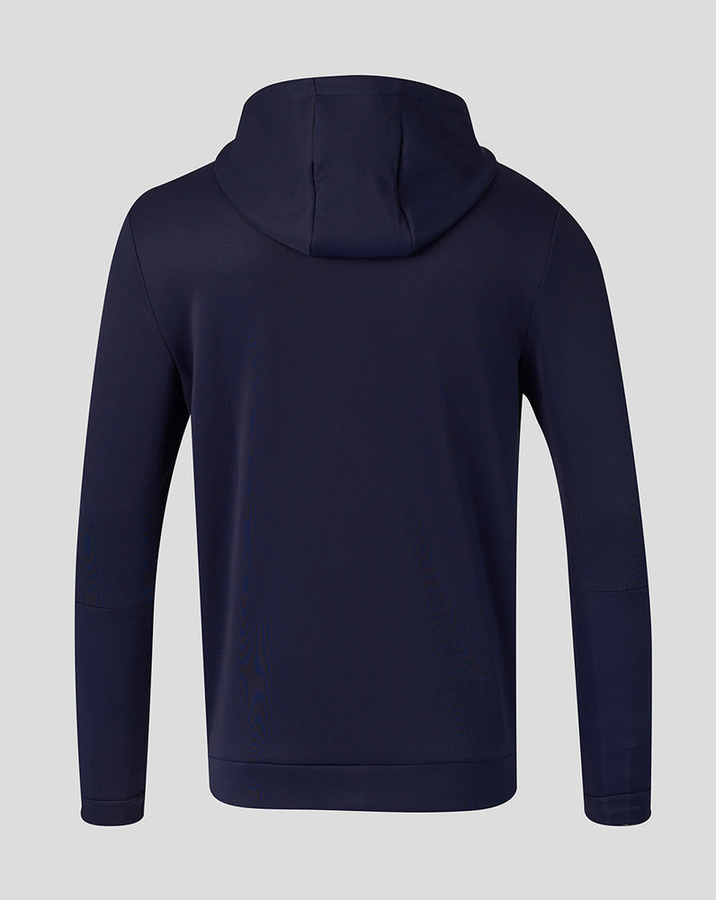 Back view of navy FC Twente Travel 26/27 Flex FZ Hoodie for men with hood.