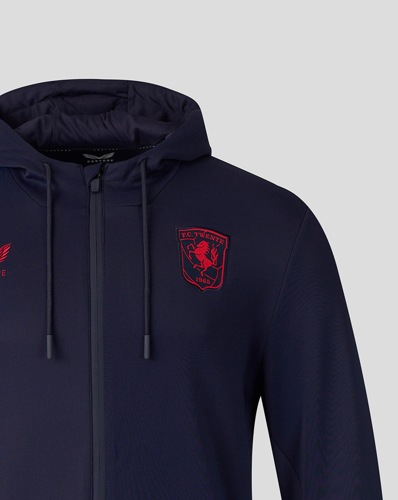 Navy FC Twente Travel 26/27 Flex FZ hoodie for men with red crest patch on chest and drawstring hood