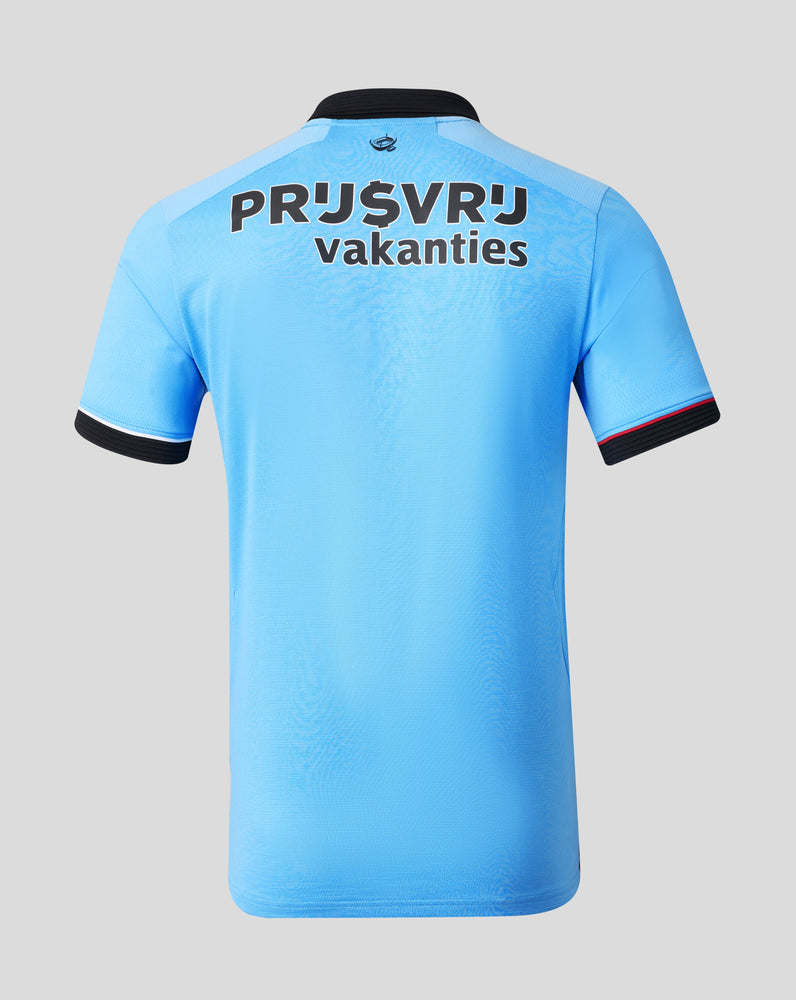 Back view of light blue Feyenoord shirt with large Vakanties text and crest near the collar.
