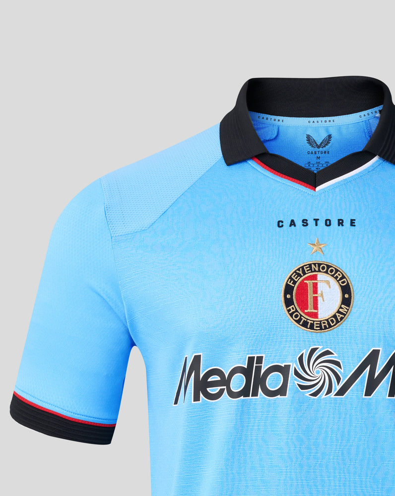 Close up of Feyenoord blue Pro Uitshirt collar area with black neck trim and club crest on chest