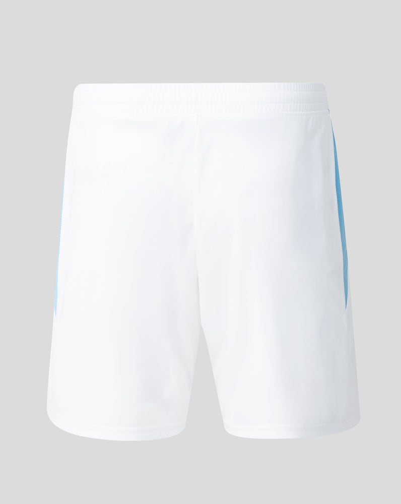 Back view of white Feyenoord shorts for men with blue side stripe and elastic waistband