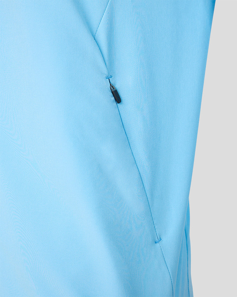 Close up of side zip pocket on light blue Feyenoord away jacket