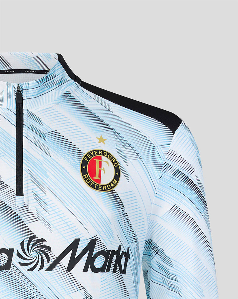 Feyenoord Uit Matchday midlayer top for men close-up showing crest on chest and blue diagonal fabric