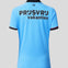 Back view of a light blue Feyenoord Pro away shirt for women with large bold lettering across the back.