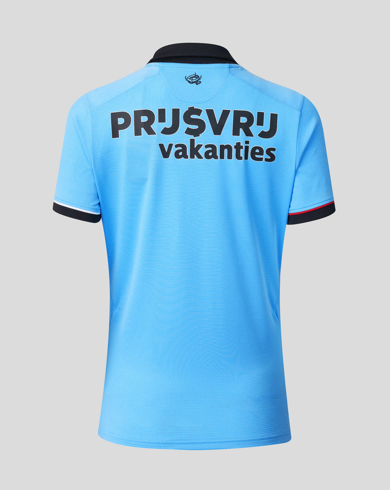 Back view of a light blue Feyenoord Pro away shirt for women with large bold lettering across the back.