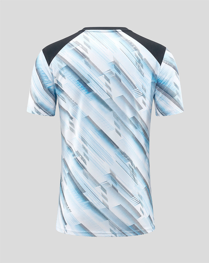 Back view of Feyenoord Uit Matchday 2026-2027 T Shirt for women with a light blue diagonal abstract pattern and black shoulder panels