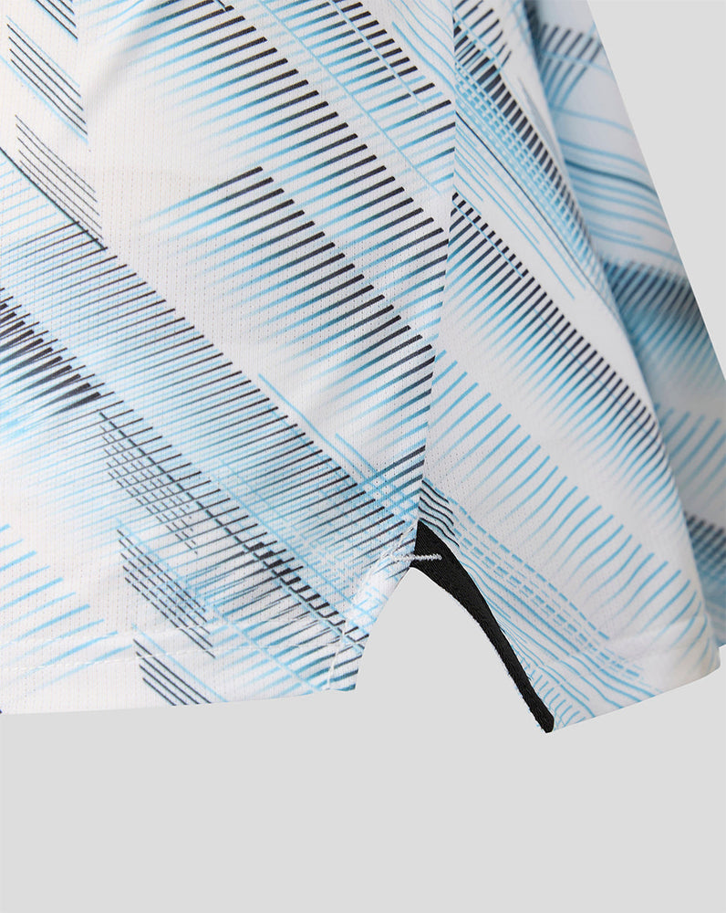 Close-up of Feyenoord women's away matchday shirt fabric in blue and black geometric print