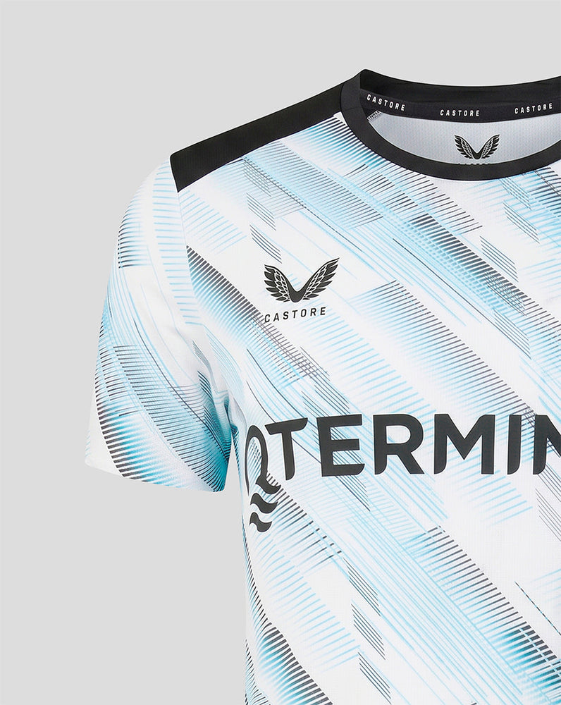 Detail shot of the shoulder and chest on the Feyenoord away jersey showing the black collar and blue brush pattern