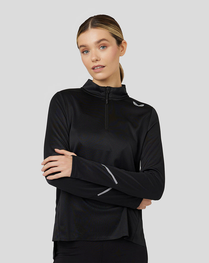 Camiseta de capa intermedia ligera Breeze de manga larga con cremallera de un cuarto para mujer - Negro